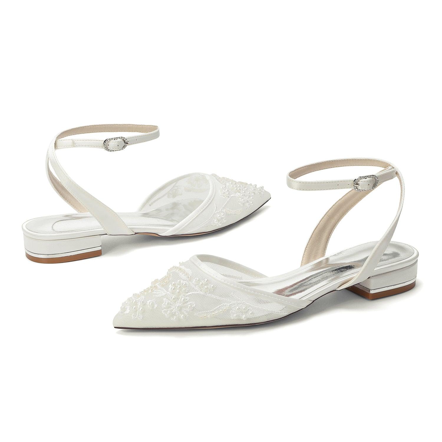 Lace Silk-Like Pearl Embroidered Mesh Flat Shoes CK0499 - 10 Days / Ivory / 35 - COCOMELODY